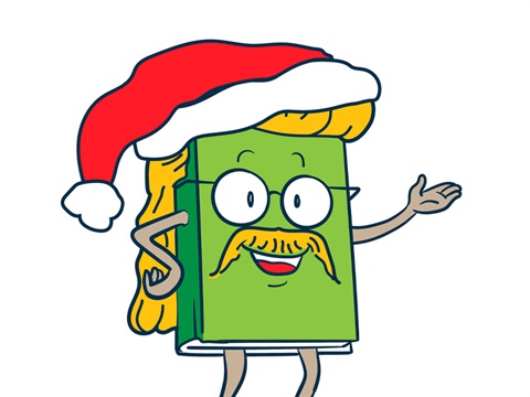 A Book with a christmas hat on