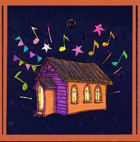 colourful illustration of church with bunting and music