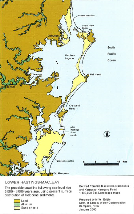 Map of probable coastline within Macleay Valley 5000-6000 years ago