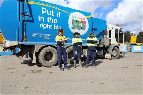 bin collection truck with workers at side